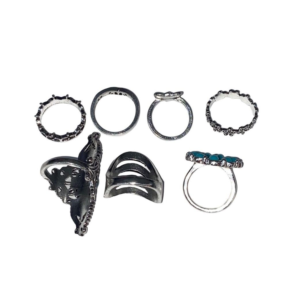 ✨NEW✨ Boho Turquoise Silver Tone Bohemian Ring Set (7pc) - Picture 3 of 4